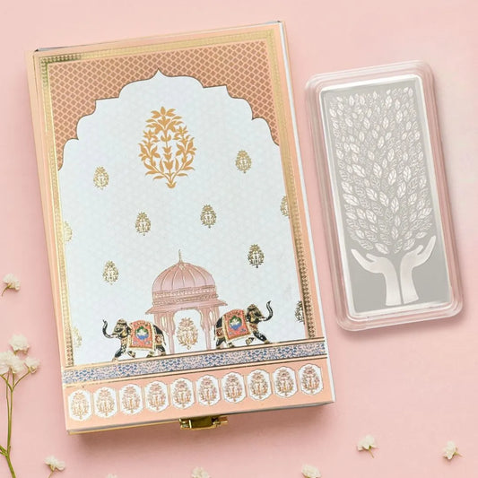 Leaf In Hand, Silver Finish, Bar Shape, 500 GM, 999 Purity Silver Coin – Ready To Ship