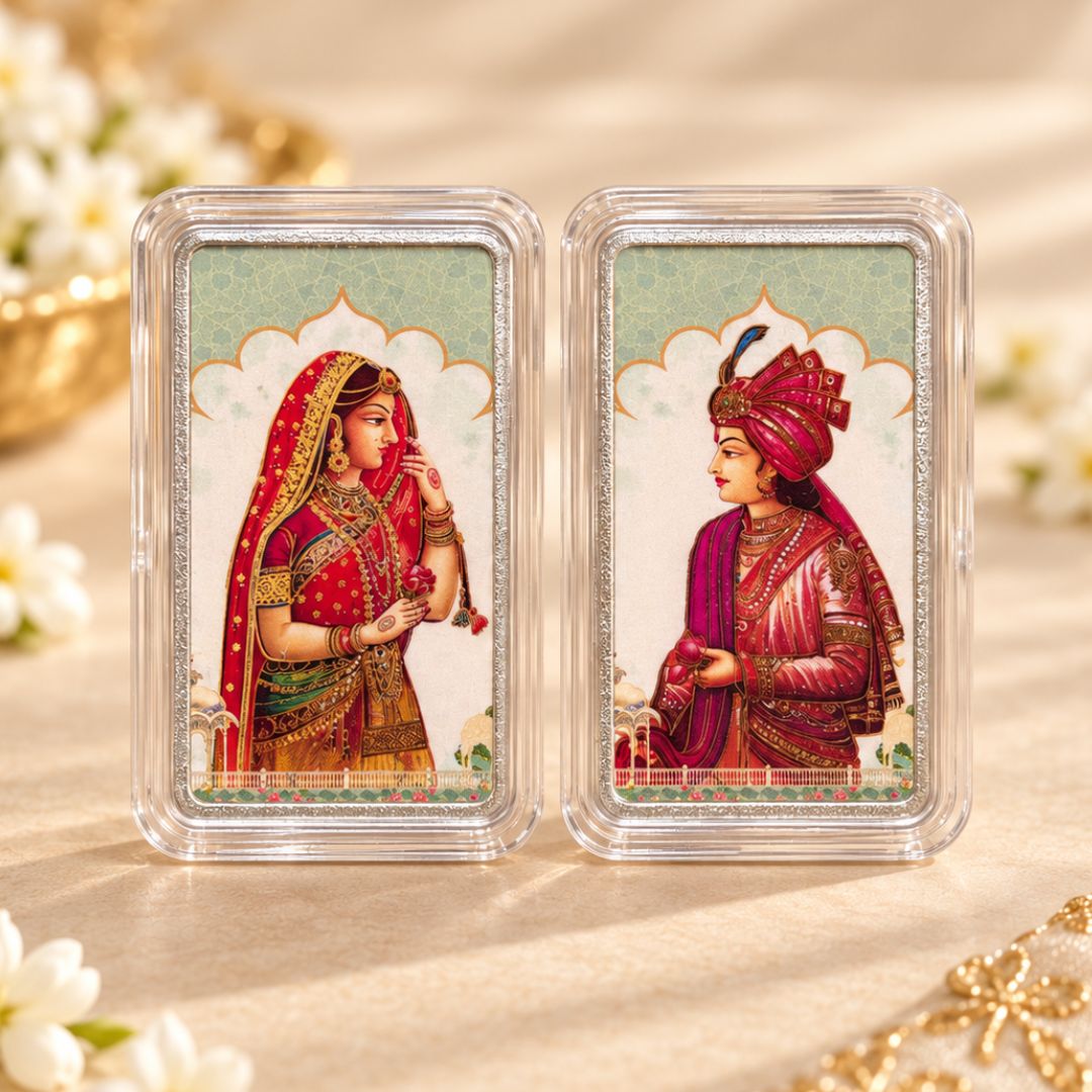 999 Pure Silver Raja & Rani Wedding Bar Coin Set – 20g