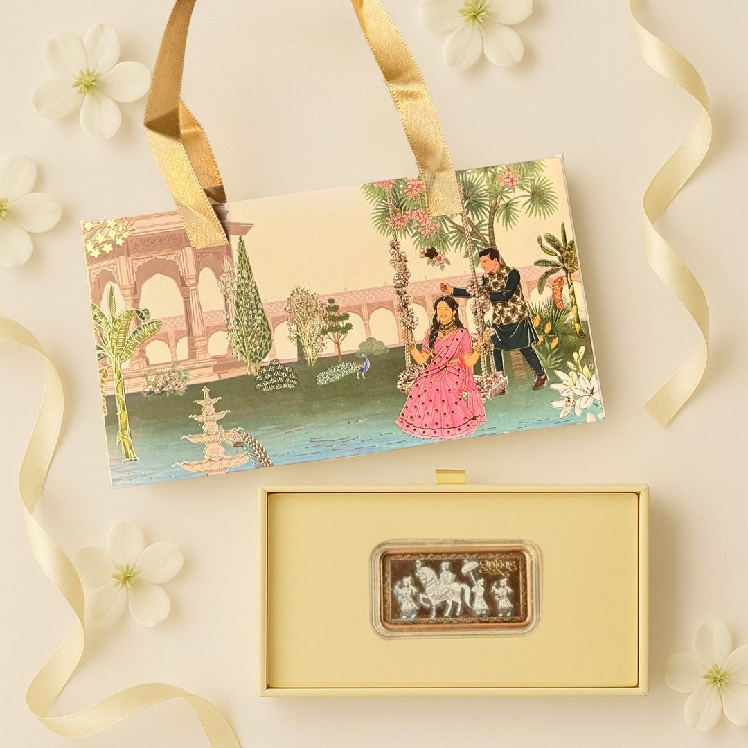 Shubh Vivah Baraati Design, Rose Gold Finish, Dollar Shape, 20 GM 999 Silver Coin Box Set – Ready to Ship