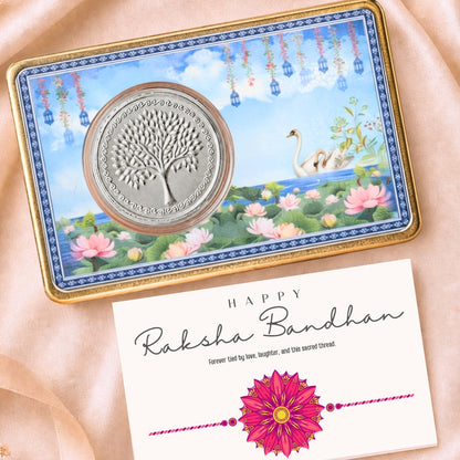2 g Silver Coin Lotus Swan Card - Symbol of Purity & Prosperity With Rakhi Card