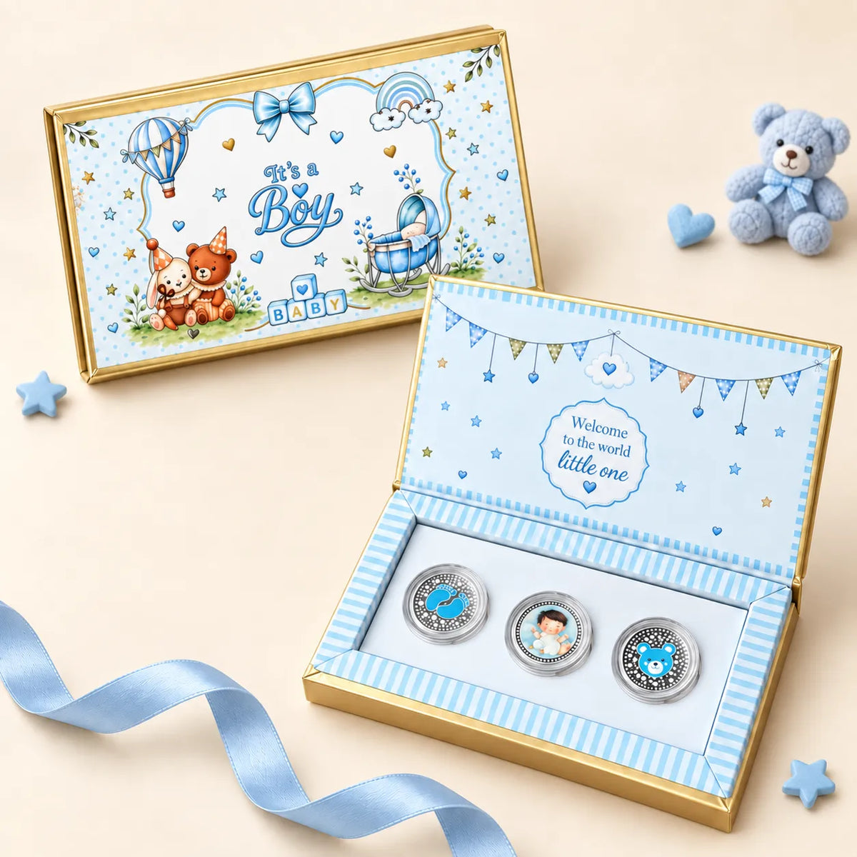 Welcome Little Prince Baby Boy UV Printed Silver Coin Box Set (3 Coins x 1gm Each)