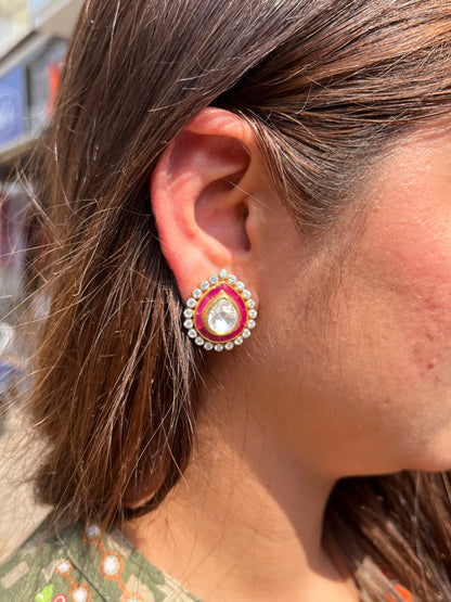 Crimson Elegance Silver Polki Earrings