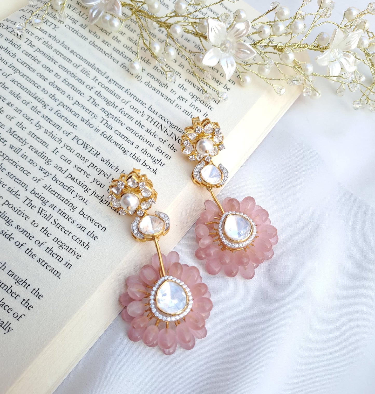 Elegant Monalisa Pink Quartz & Polki Silver Earrings