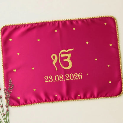 Dark Pink Ik Onkar Motif Mehendi Mat With 1 Line Text