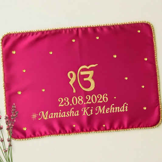 Dark Pink Ik Onkar Motif Mehendi Mat With 2 Line Text