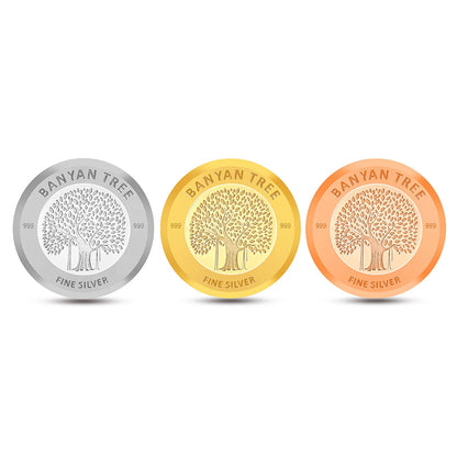 Banyan Tree Design, Tri-Color Finish, Round Shape, Set of 3 Coins (3 Gram Each), 999 Purity Silver Coin - Customizable Packaging