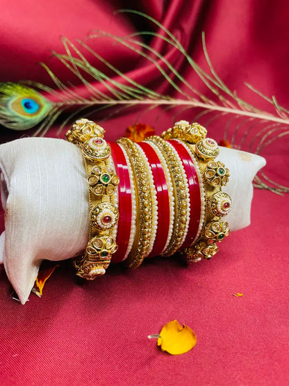 Traditional Red and Gold Kada Set adorned with Pearls