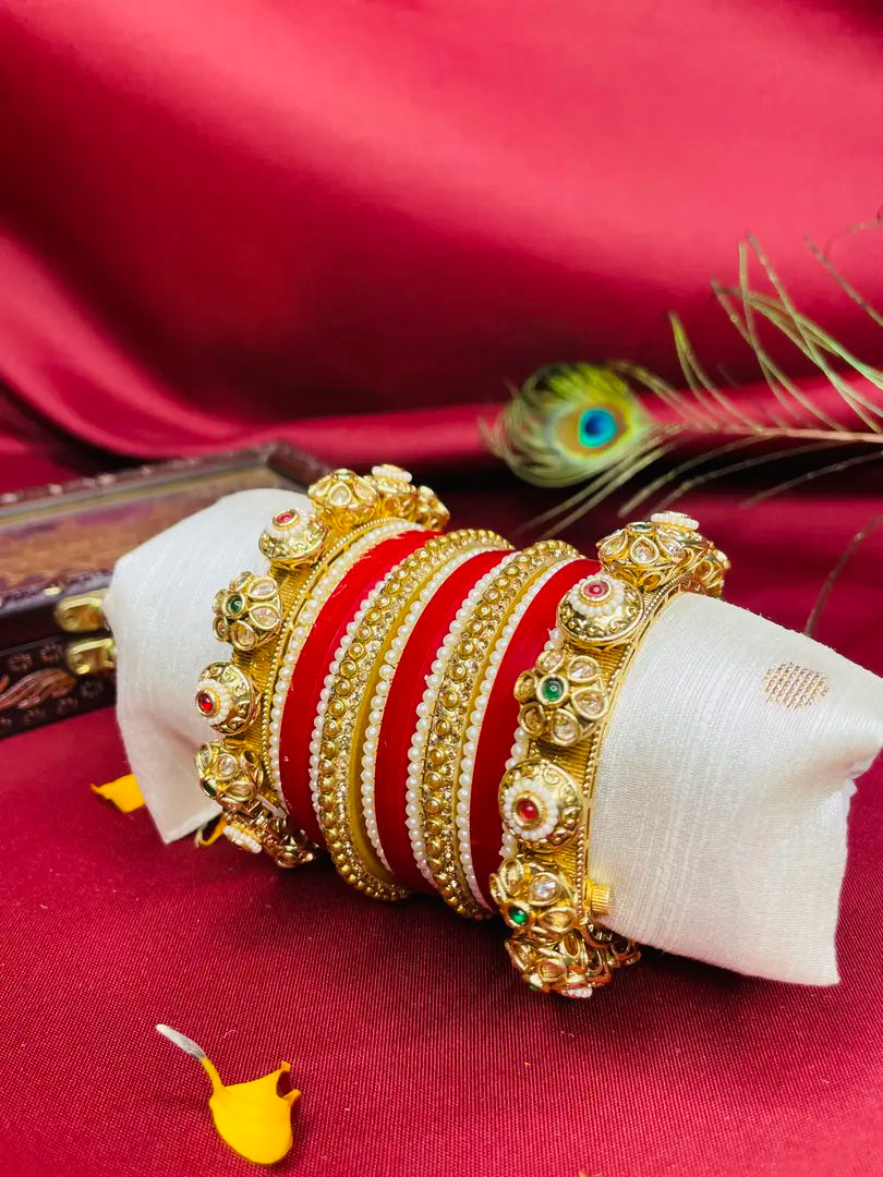 Traditional Red and Gold Kada Set adorned with Pearls