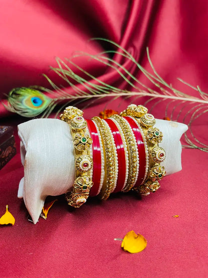 Traditional Red and Gold Kada Set adorned with Pearls