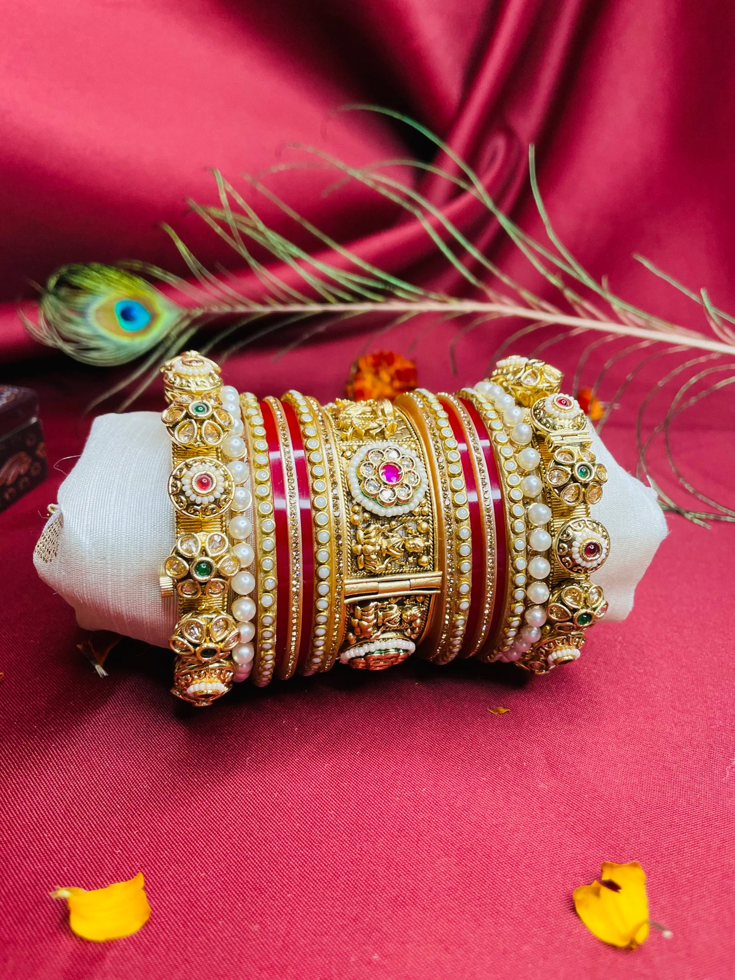 Traditional Red and Gold Kada Set adorned with Pearls