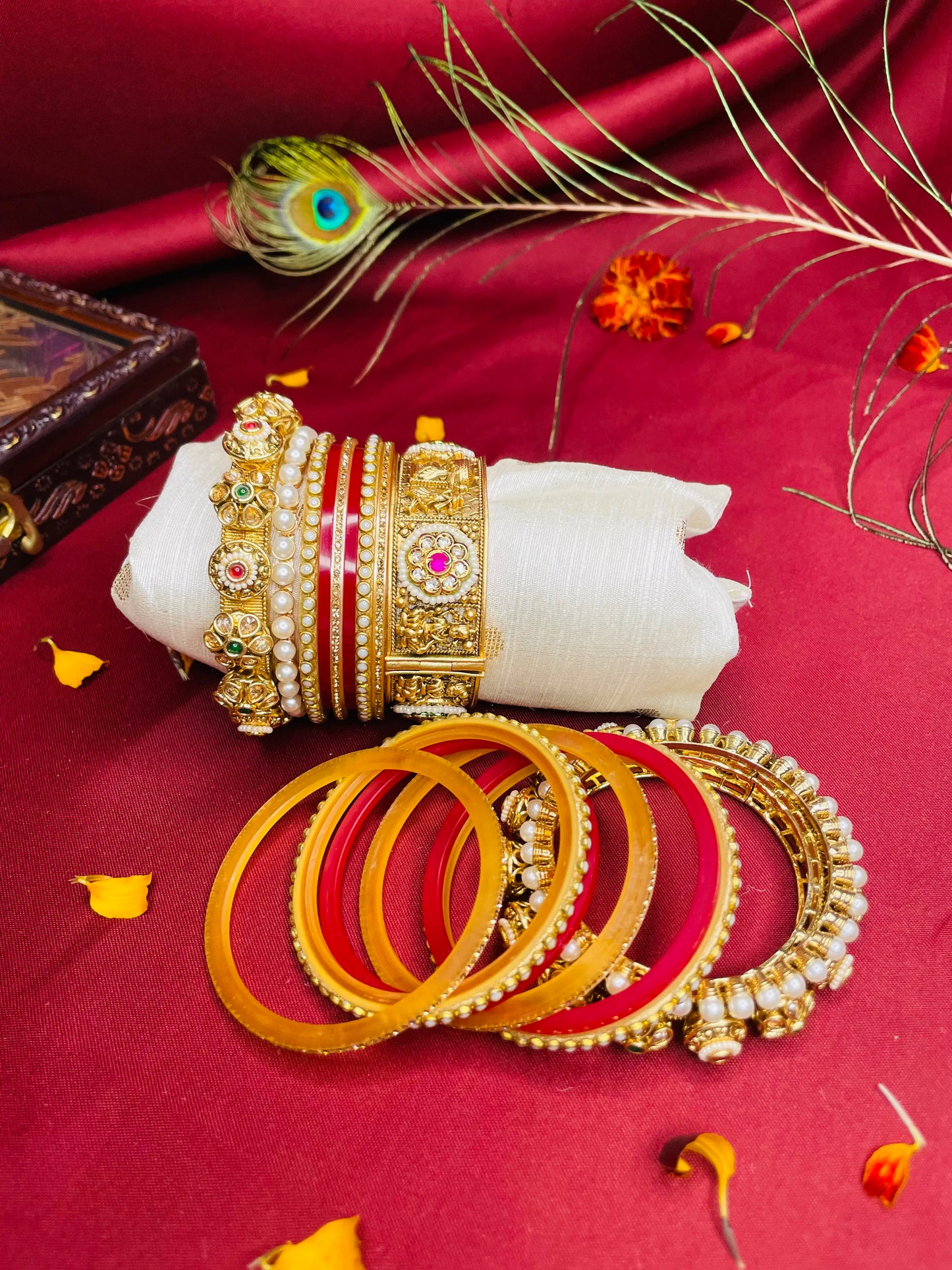 Traditional Red and Gold Kada Set adorned with Pearls