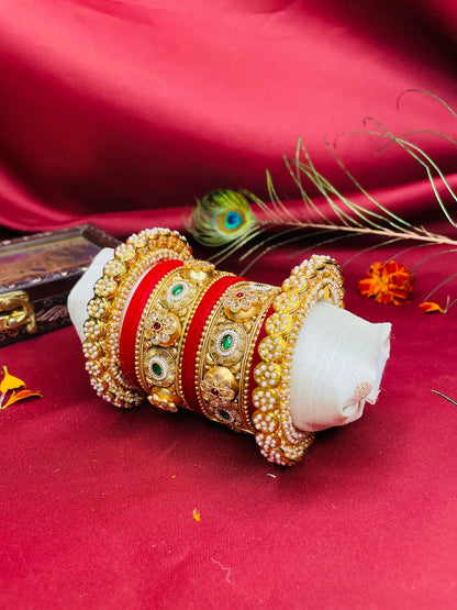 Traditional Antique Gold and Red Kada Sets