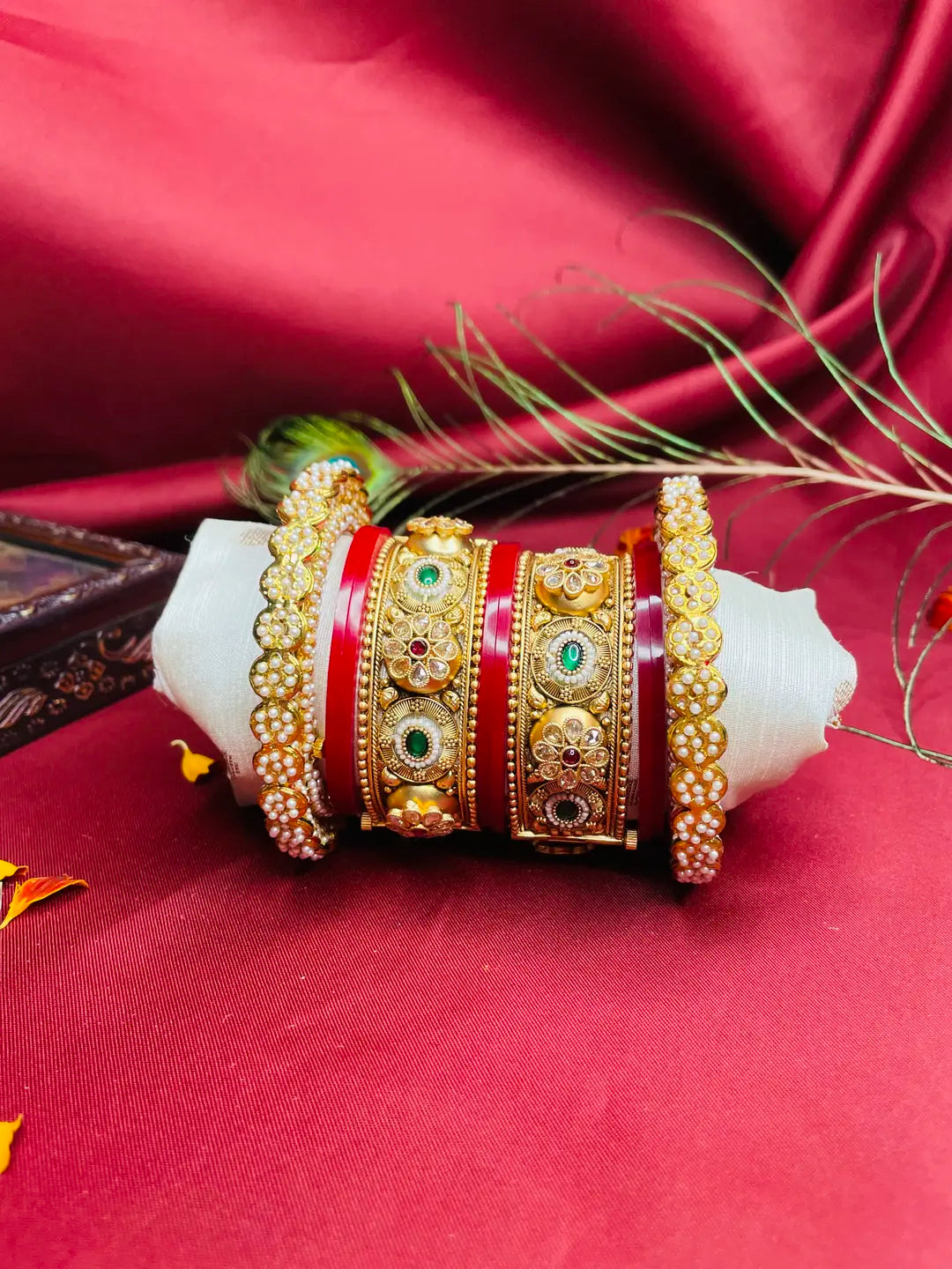 Traditional Antique Gold and Red Kada Sets