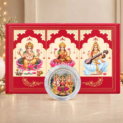 Diwali Divine Blessings – Laxmi Ganesh Saraswati 3g Pure Silver Coin Gift Box
