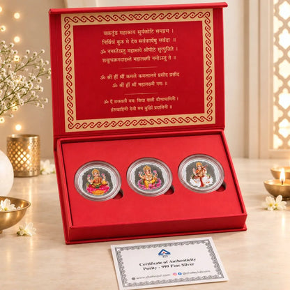 Diwali Divine Trio – Laxmi Ganesh Saraswati 3g Pure Silver UV Coin Gift Set