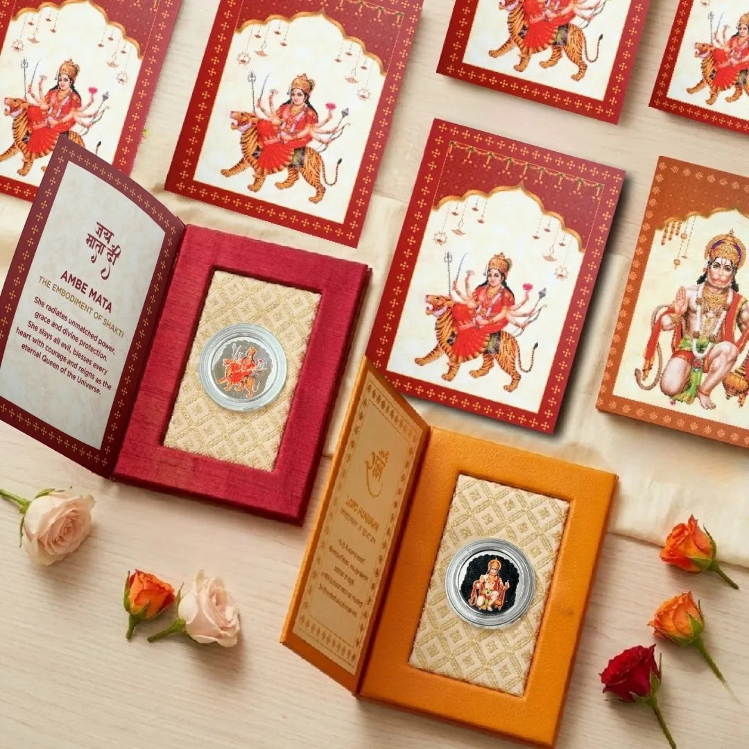 Kanjak Gift Set - 9 Mata Rani Coins & 1 Hanuman ji Silver Coin {1 gram each} - 999 Purity Silver - Ships Immediately