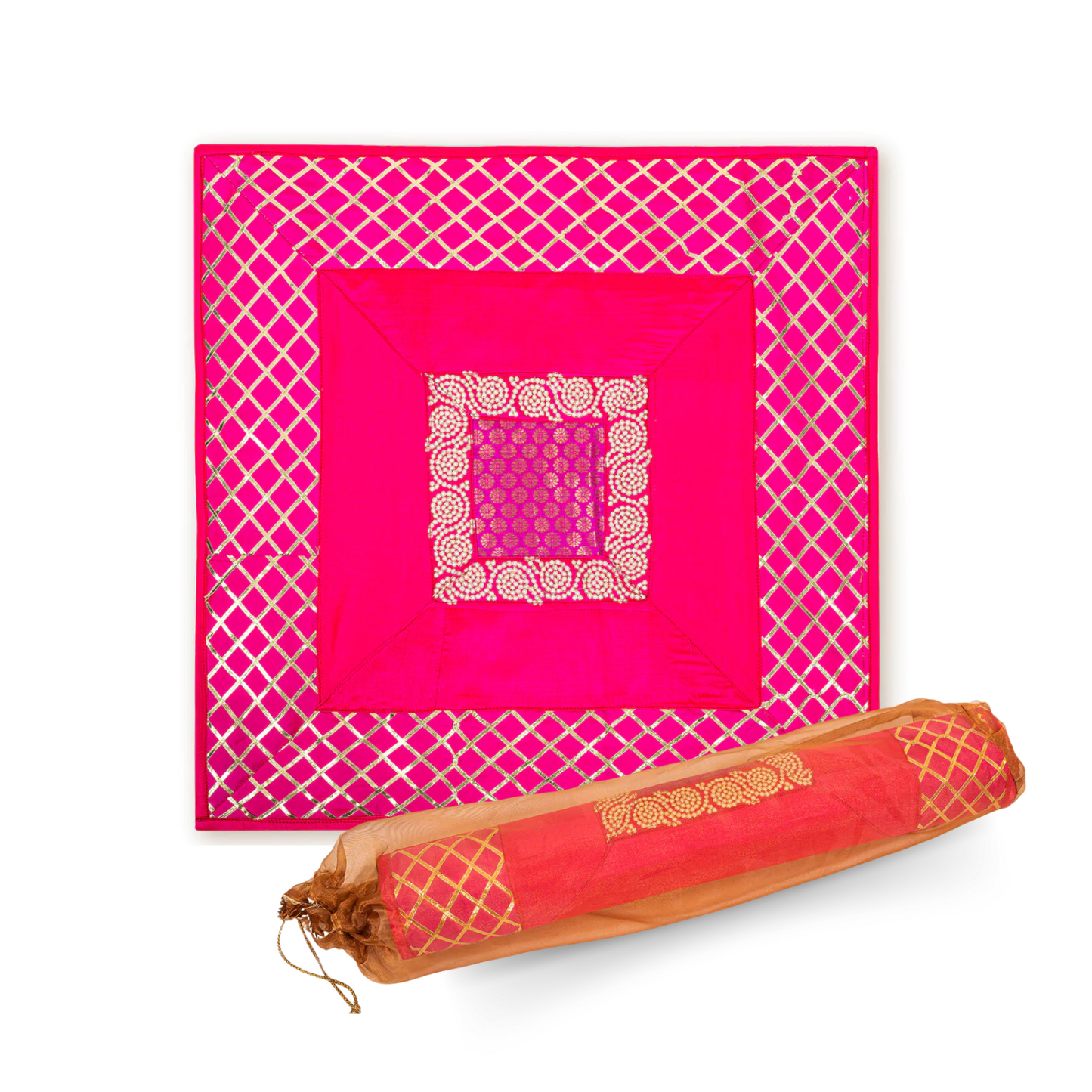 Raw Silk With Gota Work Bandhani Lace pooja mat