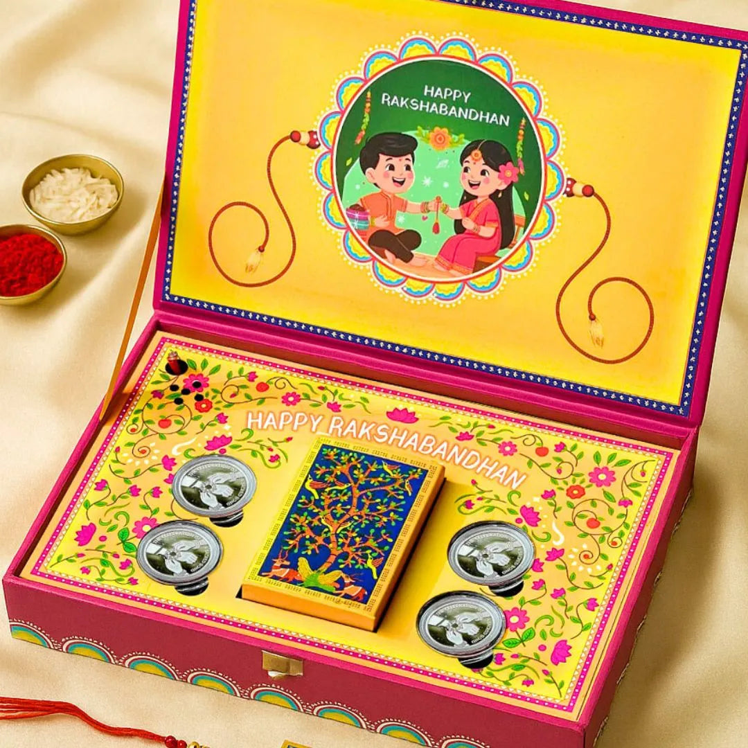 Raksha Bandhan Musical Box With 40 Gram Silver Coin (10 gram each) and Playing Cards - 999 Purity Silver Coins