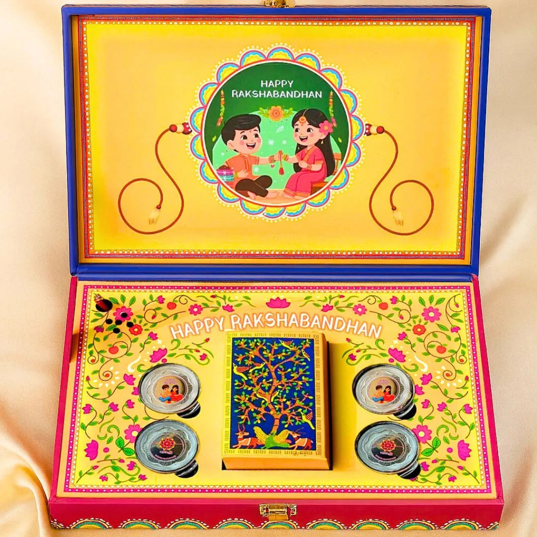 Raksha Bandhan Musical Box With 20 Gram Silver Coin (5 gram each) and Playing Cards - 999 Purity Silver Coins