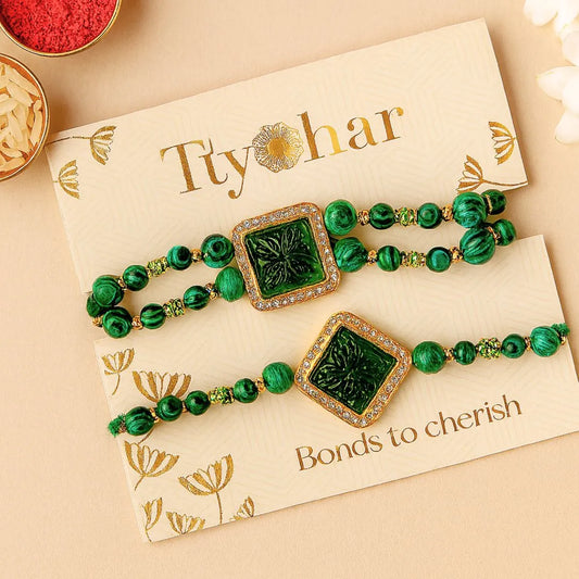 Traditional Green Stone Pair Rakhi - For Bhaiya Bhabhi