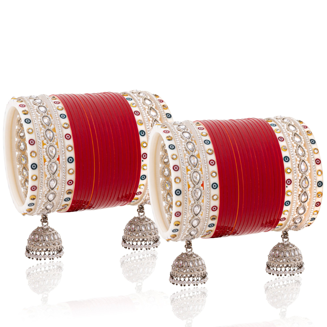 Radiant Bridal Chooda: Red Dot Bangles with Shimmer White Bangles