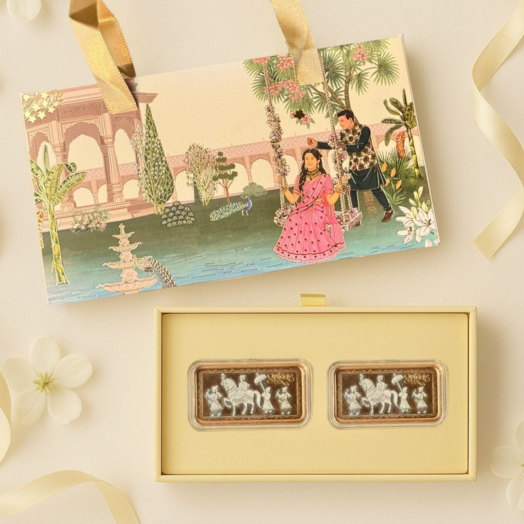 Shubh Vivah Two Elephant Design, Rose Gold Finish, Dollar Shape, Set of 2 (10 Gram Each) ,999 Silver Coin Box Set – Ready to Ship