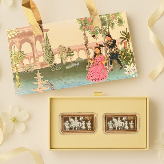 Shubh Vivah Two Elephant Design, Rose Gold Finish, Dollar Shape, Set of 2 (10 Gram Each) ,999 Silver Coin Box Set – Ready to Ship