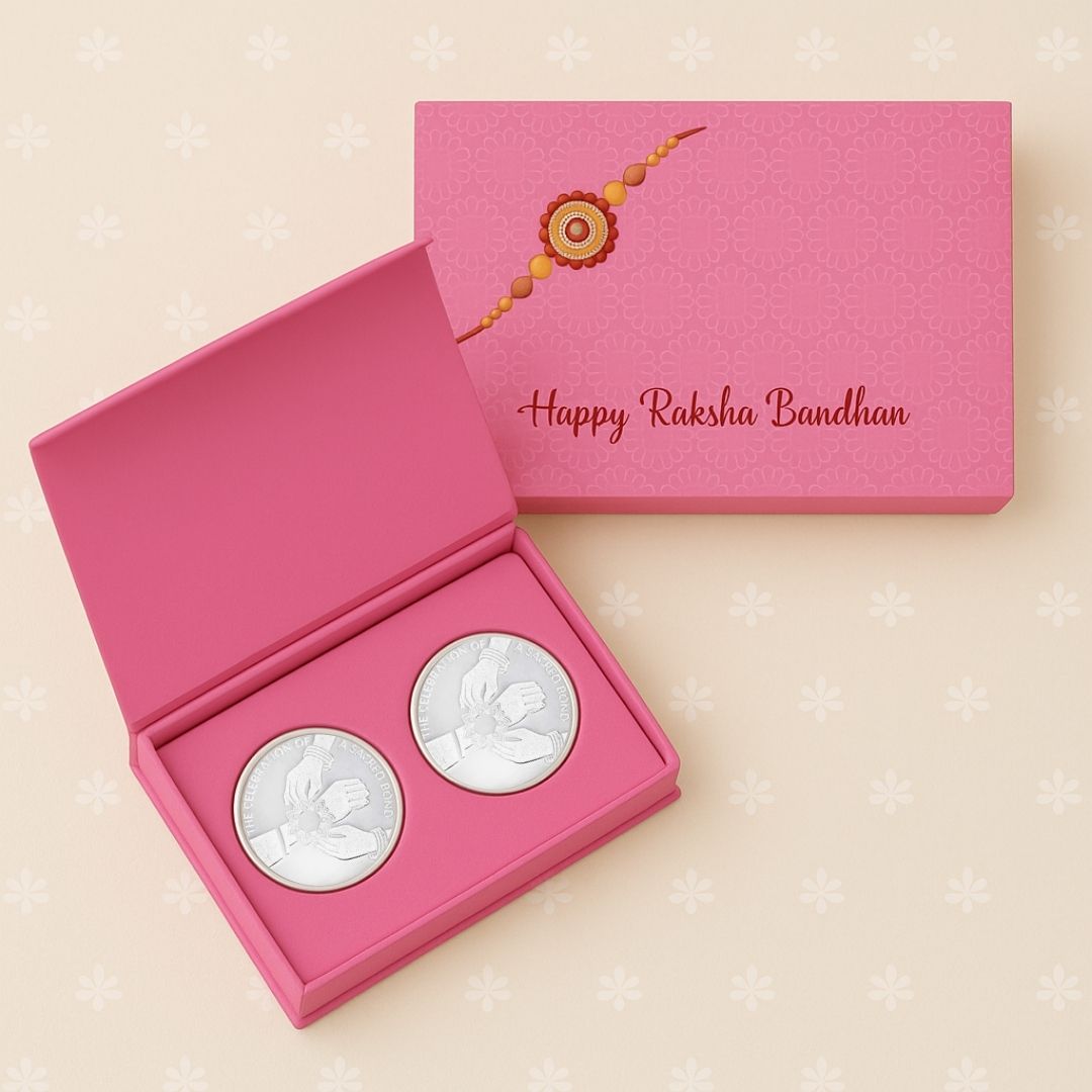 Classic Happy Rakhi Gift, Rakhi On Hand Coin, Set of 2 (10 Gram Each) - 999 Purity Silver Coin - Ready To Ship