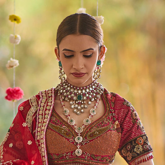 Grand Bridal Polki Necklace Set - 22K Gold Plated, 92.5 Silver