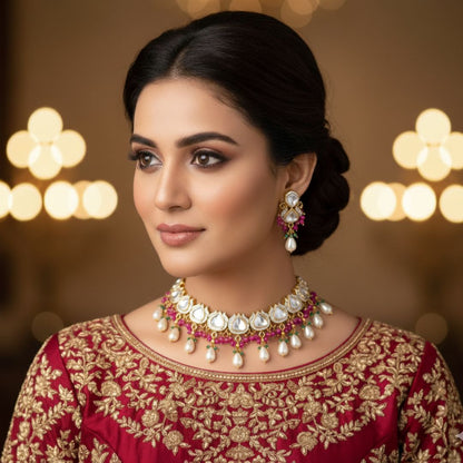 Dainty Polki & Pearl Necklace Set - 22K Gold Plated, 92.5 Silver