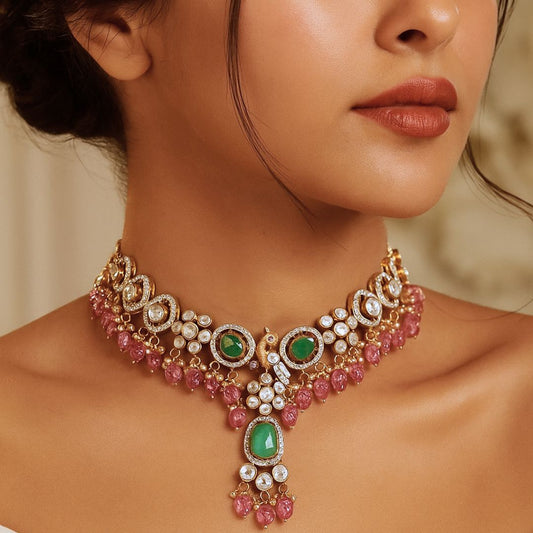 Royal Peacock Polki Necklace Set - 22K Gold Plated, 92.5 Silver