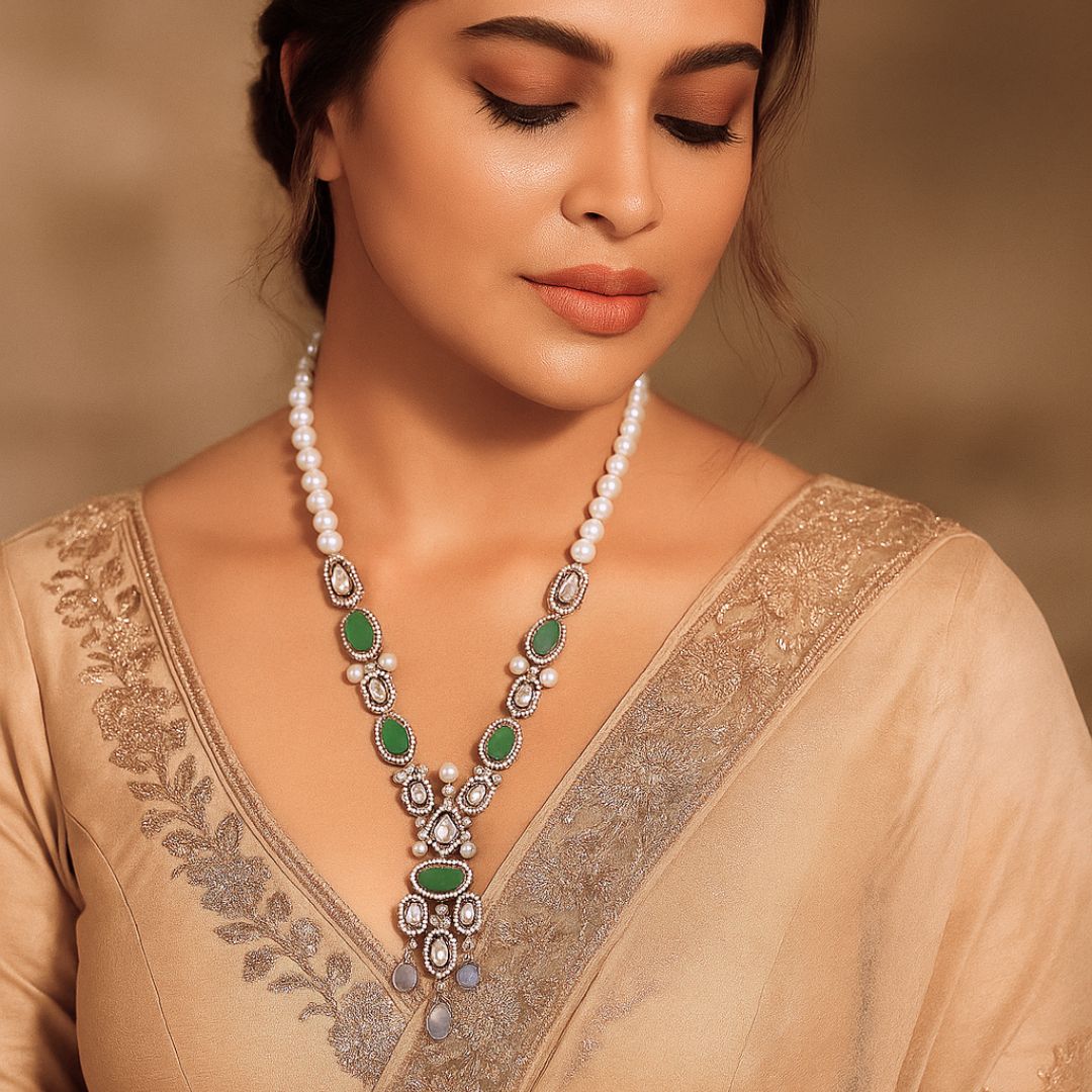 Dazzling Long Necklace Set - 22K Gold Plated, 92.5 Silver