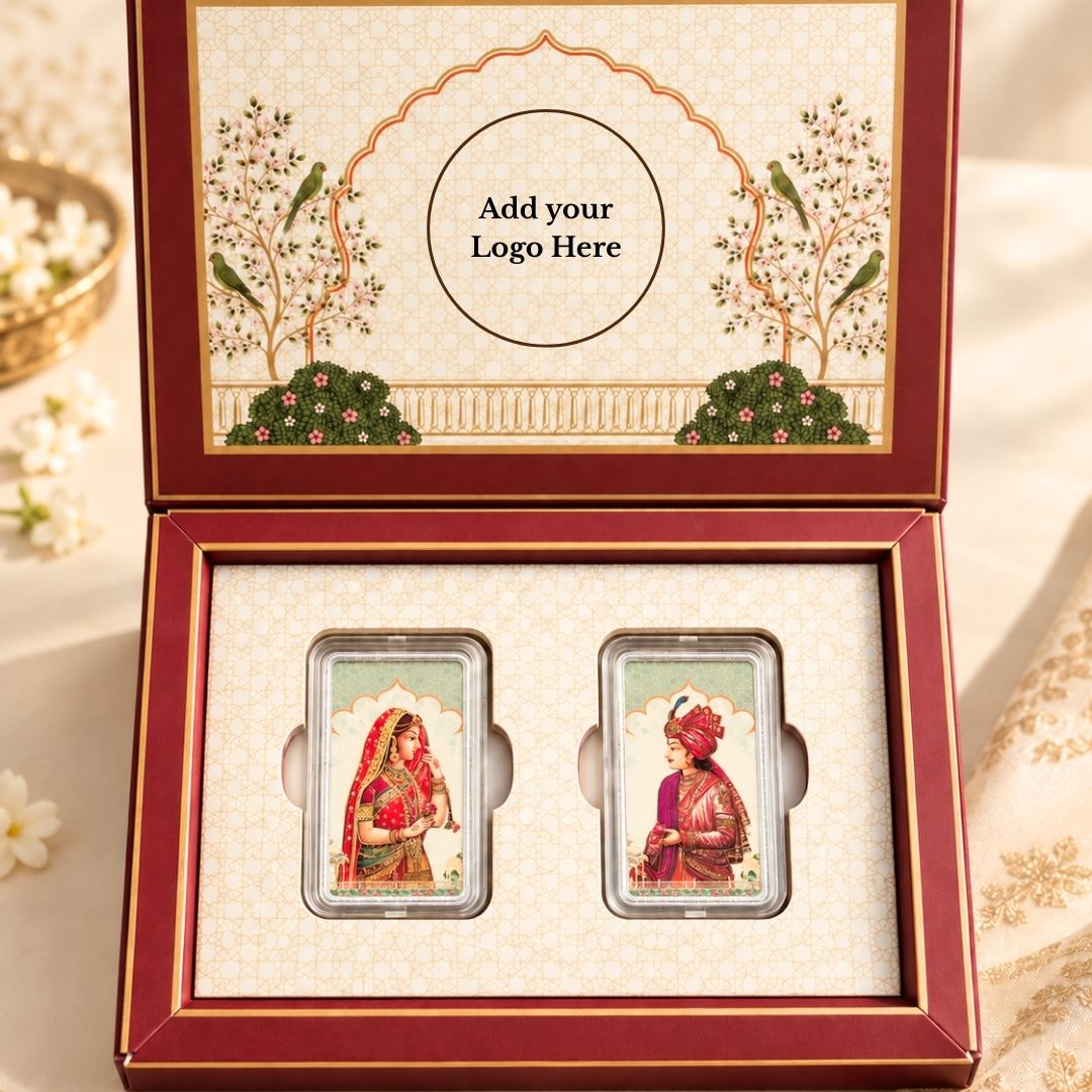 999 Pure Silver Raja & Rani Wedding Bar Coin Set – 20g