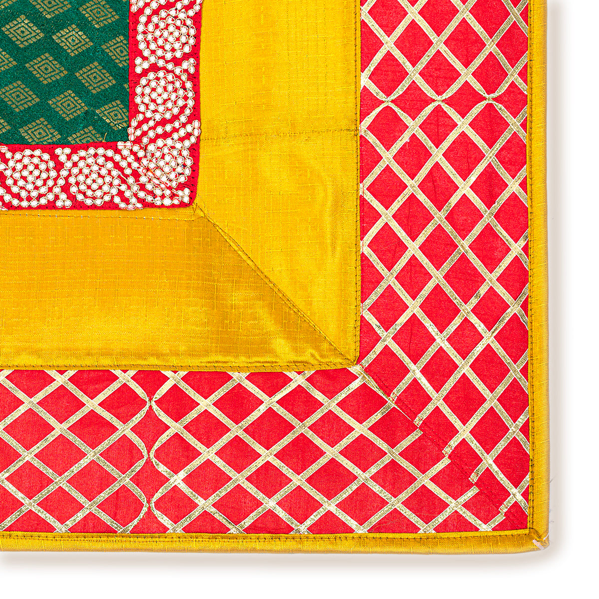 Raw Silk With Gota Work Bandhani Lace pooja mat