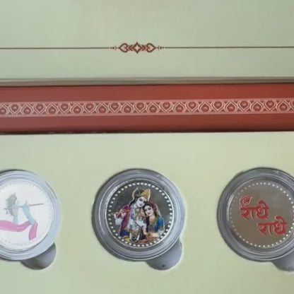 Radha Krishna Ji 999 Pure Silver Coin Gift Set - Folder Box - Set of 3 Coins (1 g Each, Total 3 g)