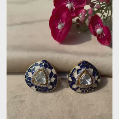 Blue Onyx Polki Earrings - 22K Gold Plated, 92.5 Pure Silver Base