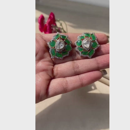 Green Lotus Polki Earrings - 22K Gold Plated, 92.5 Pure Silver Base