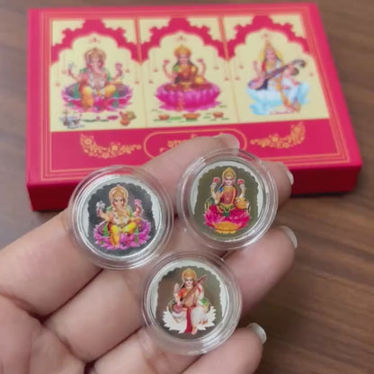 Diwali Divine Trio – Laxmi Ganesh Saraswati 3g Pure Silver UV Coin Gift Set
