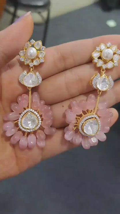 Elegant Monalisa Pink Quartz & Polki Silver Earrings