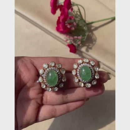 Emerald Oval Bloom Polki Earrings - 22K Gold Plated, 92.5 Pure Silver Base