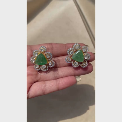 Emerald Triangle Blossom Polki Earrings - 22K Gold Plated, 92.5 Pure Silver Base