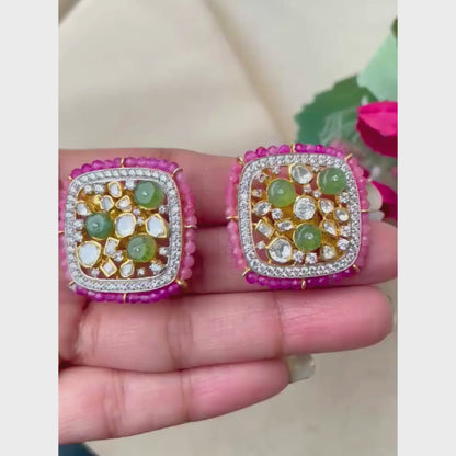 Pink & Green Cluster Polki Earrings - 22K Gold Plated, 92.5 Pure Silver Base