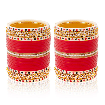 Crimson Elegance Chooda: Red Chooda with Twin Pearl Bangles