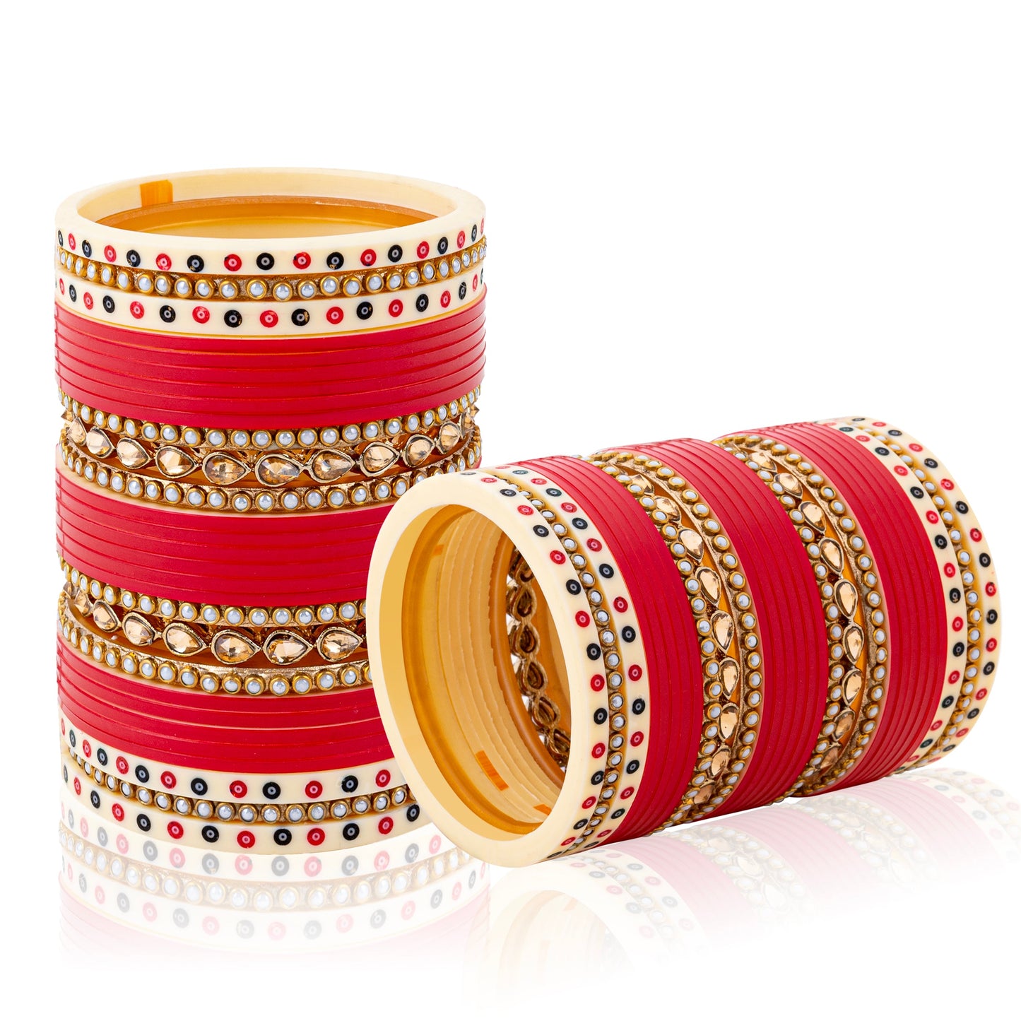 Enchanted Crimson Chooda: Red Dot Chooda with Pearl and Kundan Bangles