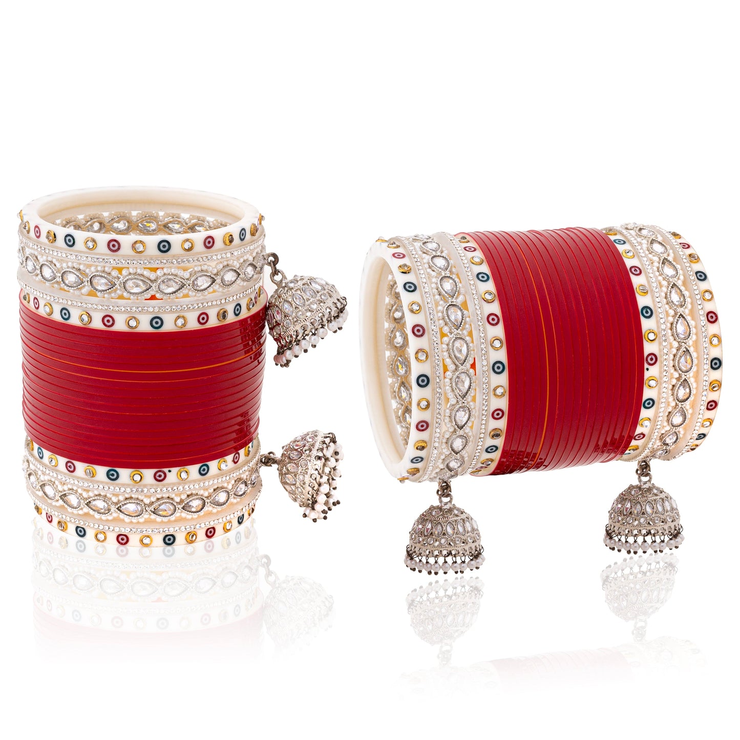 Radiant Bridal Chooda: Red Dot Bangles with Shimmer White Bangles