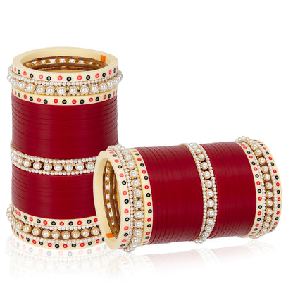 Dark Maroon On Maroon Hand Finished Perl With Simmer Bangle Chooda Set