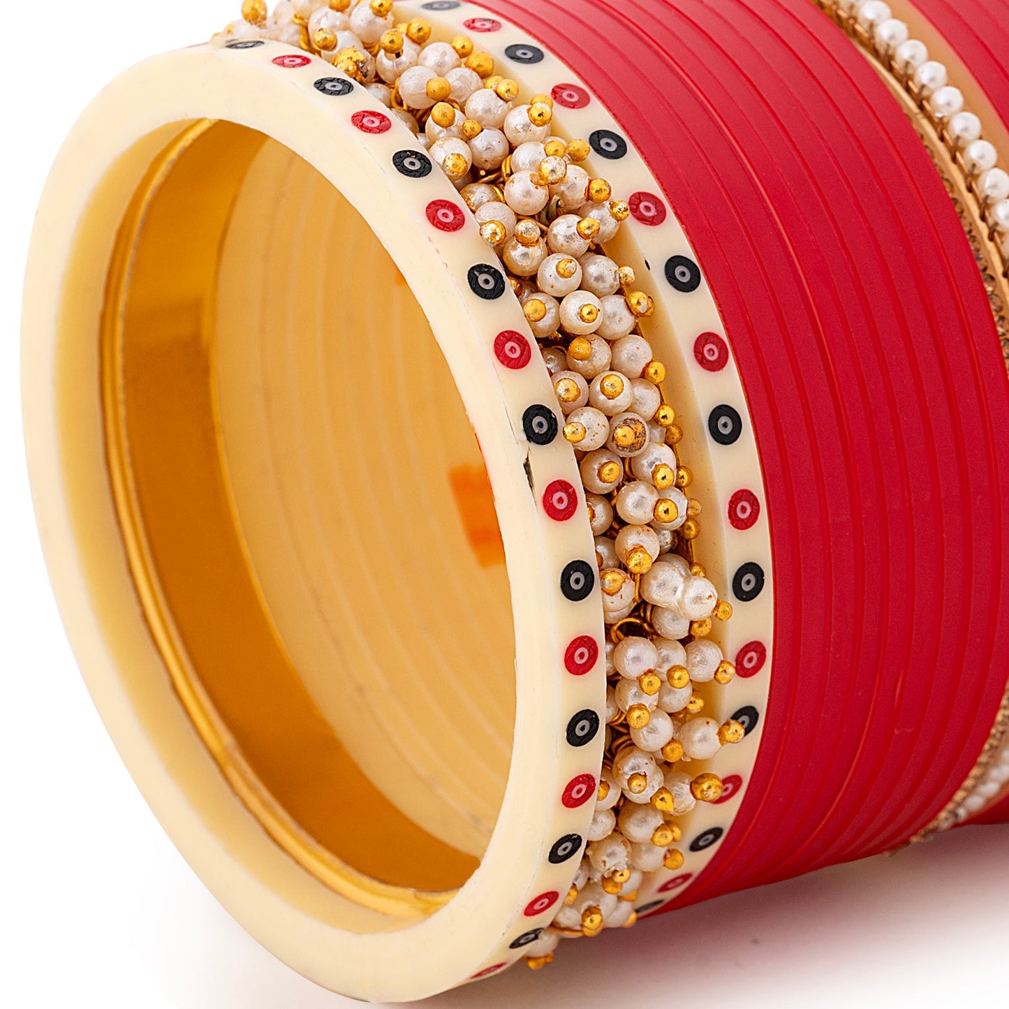 Crimson Elegance Chooda: Red Chooda with Twin Pearl Bangles