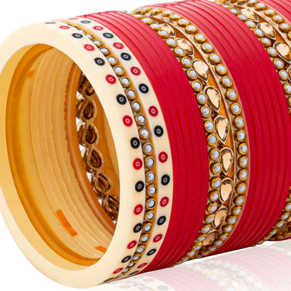 Enchanted Crimson Chooda: Red Dot Chooda with Pearl and Kundan Bangles