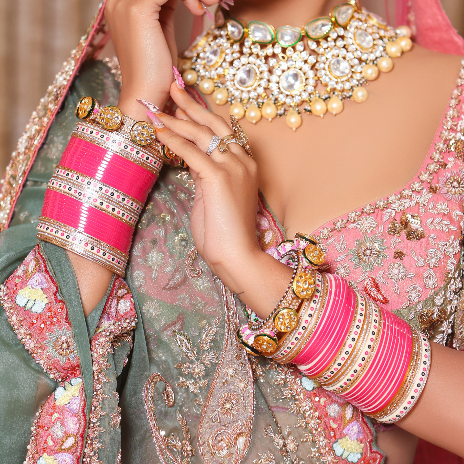Hand Finished Pink Chooda for Bride/Dulhan with Shimmer Bangles