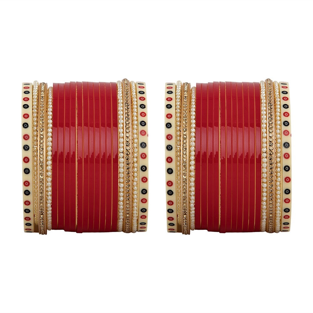 Red Hand Finished Designer Wedding Chooda for Bride with Pearl & Shimmer Bangles